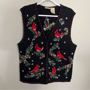 Vintage Bobbie Brooks Christmas Cardinal Holiday Embroidered Sweater Vest sz XL